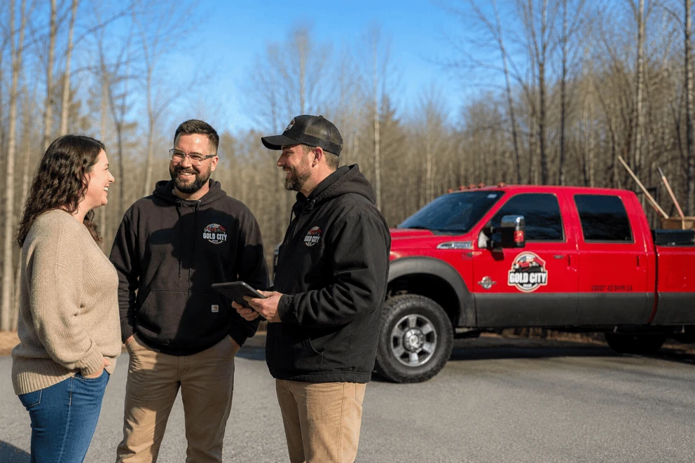 Gold City Hauling professionals talking to a happy customer